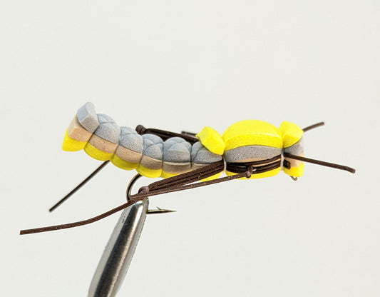 Foam Hopper Yellow Fly fishing fly. Dry, subsurface and nymph flies for anglers and fisherman. All the flies you need for sale online. Flies to buy online. Online fly fishing supplies. Catch fish with flies from Frontier Flies.