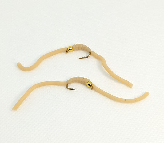 Squirmy Worm Bead Head Tan Fly fishing fly. Dry, subsurface and nymph flies for anglers and fisherman. All the flies you need for sale online. Flies to buy online. Online fly fishing supplies. Catch fish with flies from Frontier Flies.