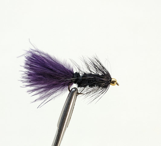 Woolly Bugger Bead Head Black Purple Fly fishing fly. Dry, subsurface and nymph flies for anglers and fisherman. All the flies you need for sale online. Flies to buy online. Online fly fishing supplies. Catch fish with flies from Frontier Flies.